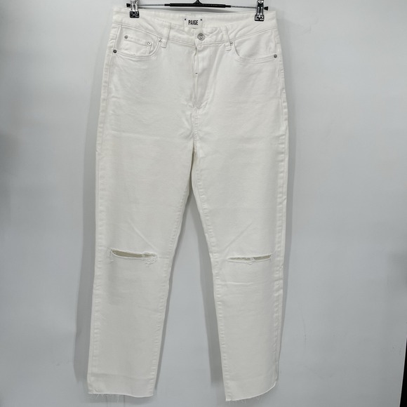 Paige High Rise Straight Leg Jeans Distressed‎ White Denim Size 31 - Picture 1 of 8